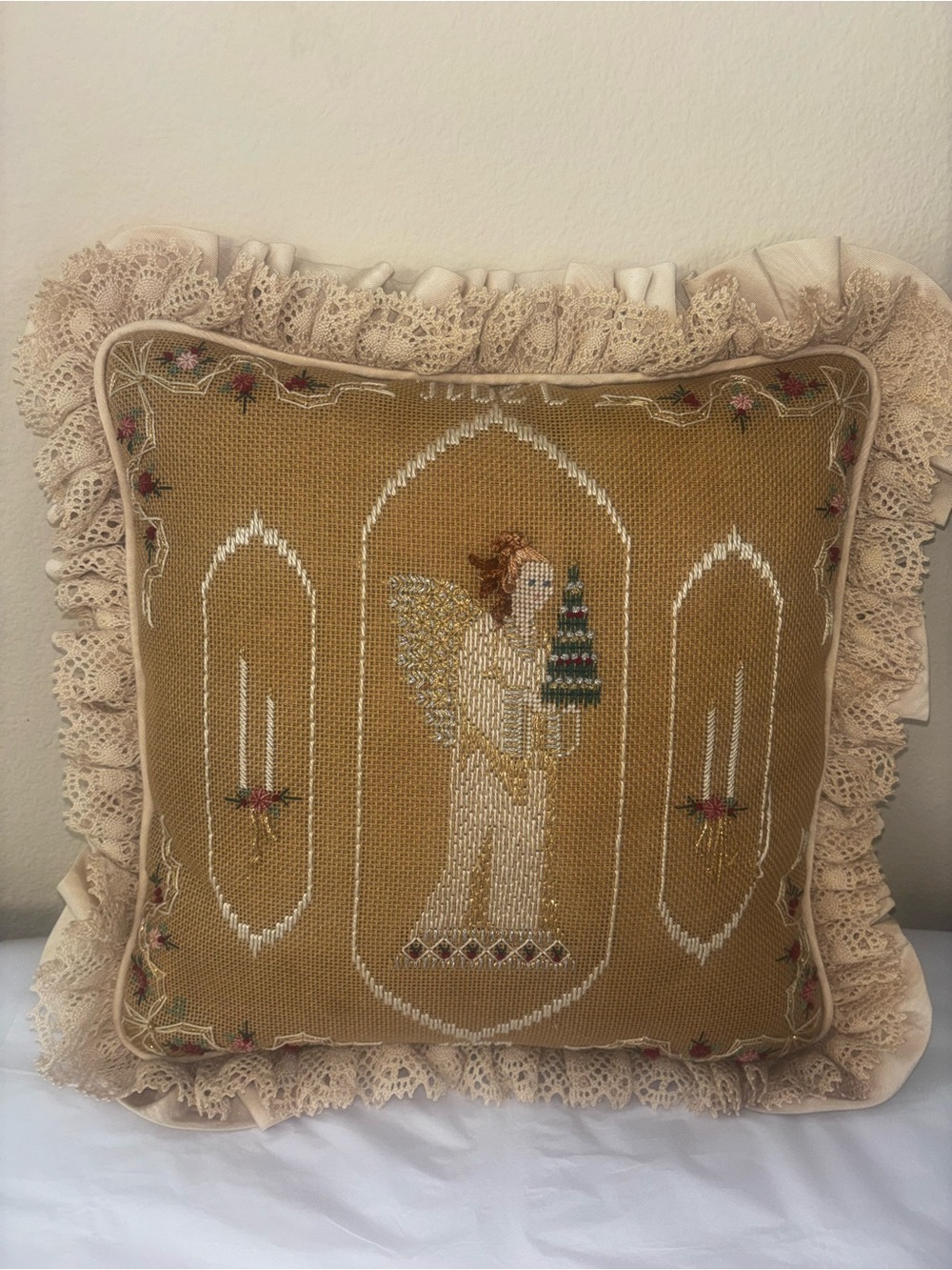 Vintage needlepoint lace and satin Noel pillow